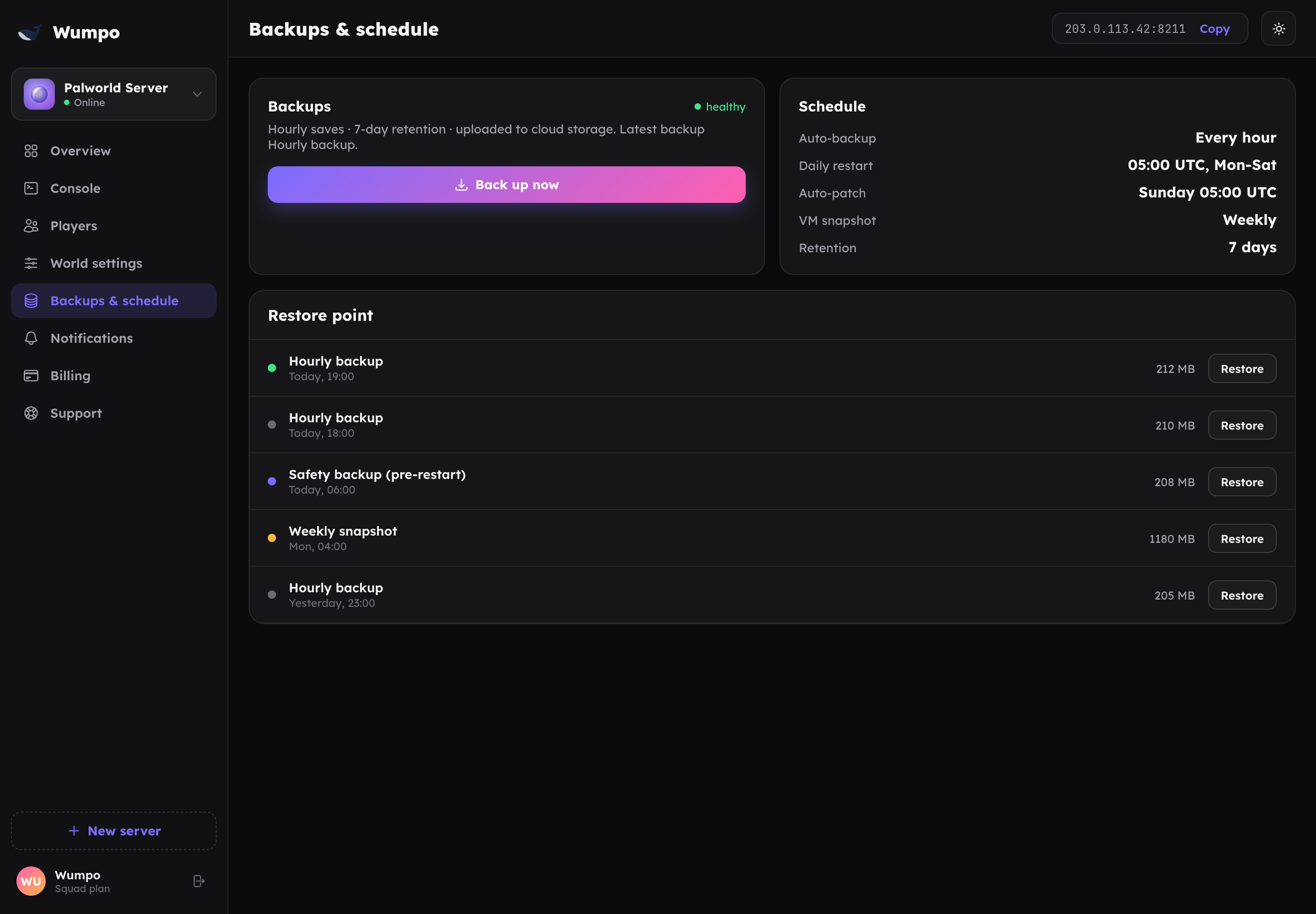 The Backups panel with a list of restore points