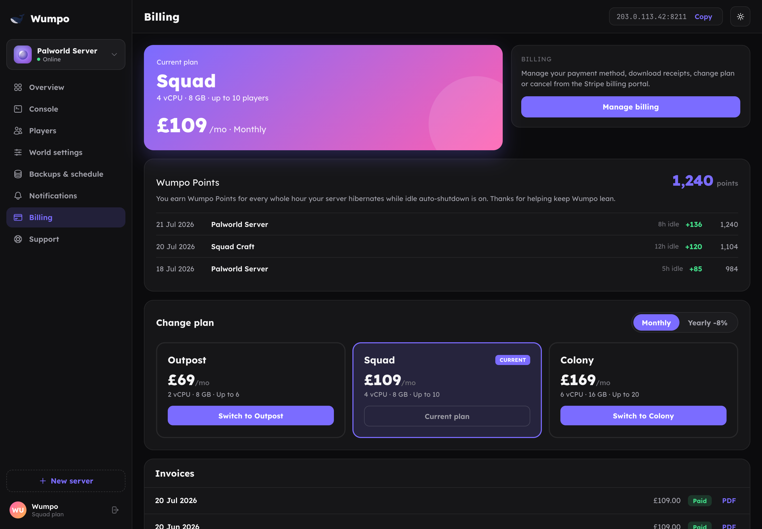 The Billing panel showing the Wumpo Points balance and history