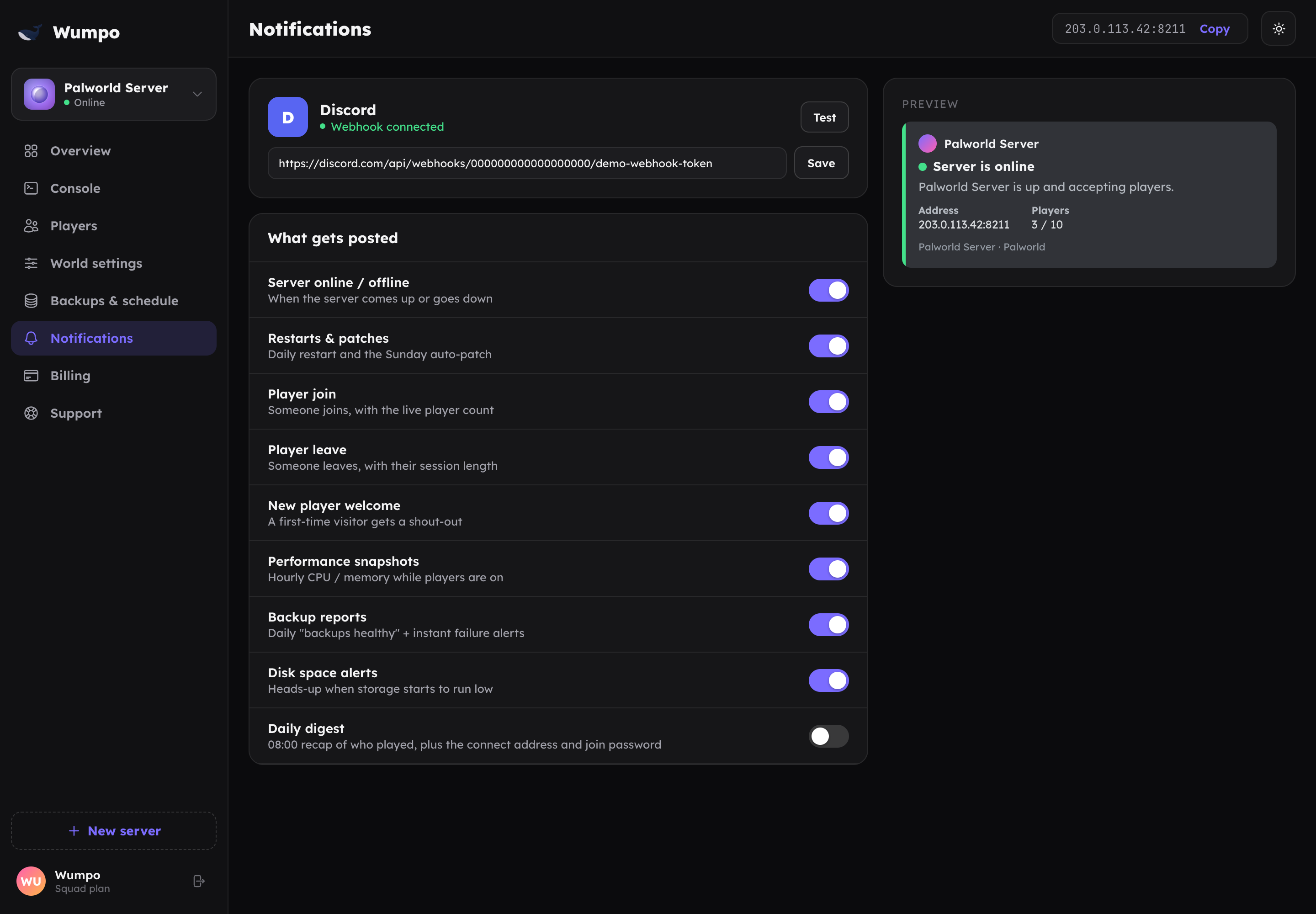 The Notifications panel with a Discord webhook connected