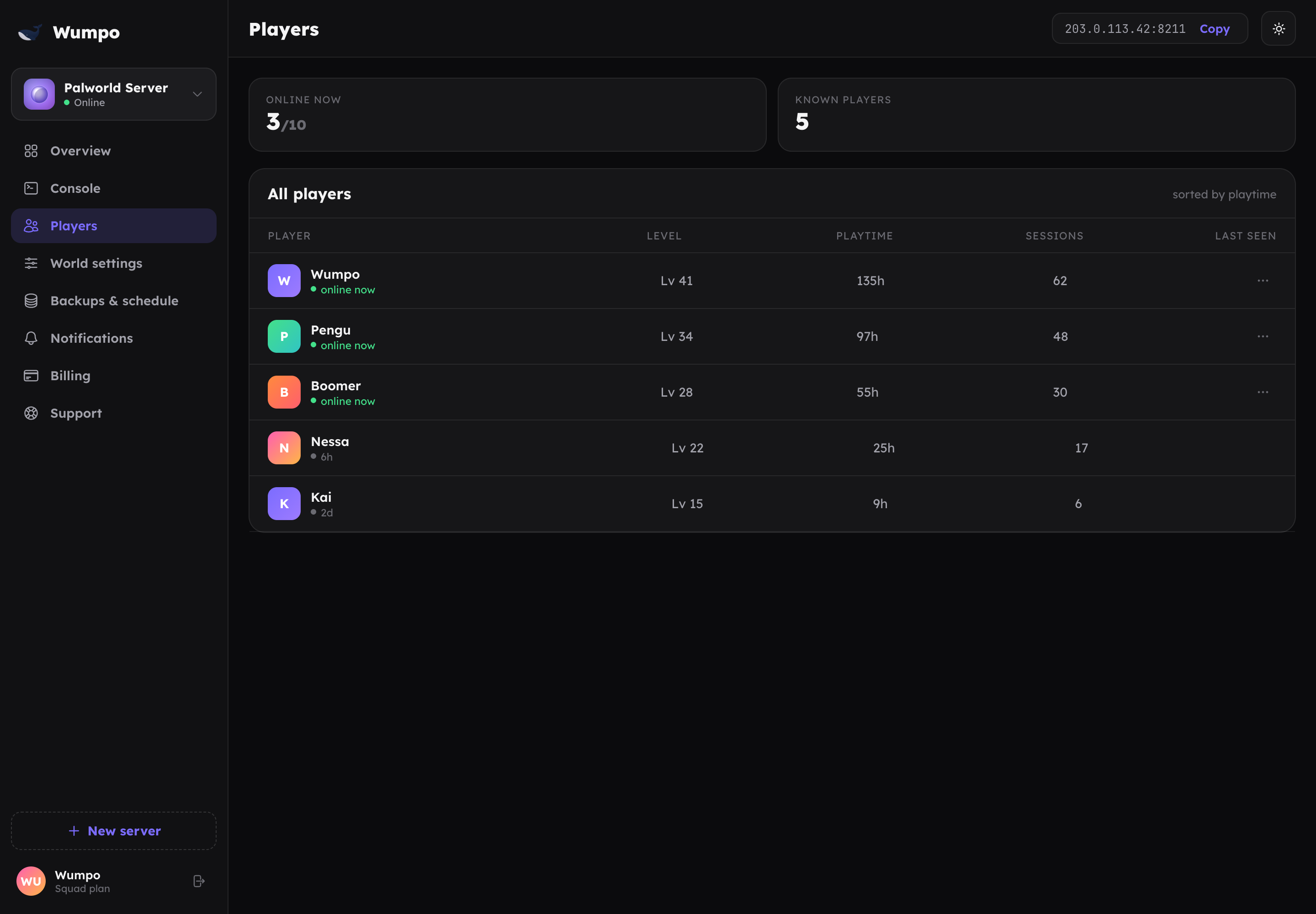 The Players panel listing online and recent players with moderation controls