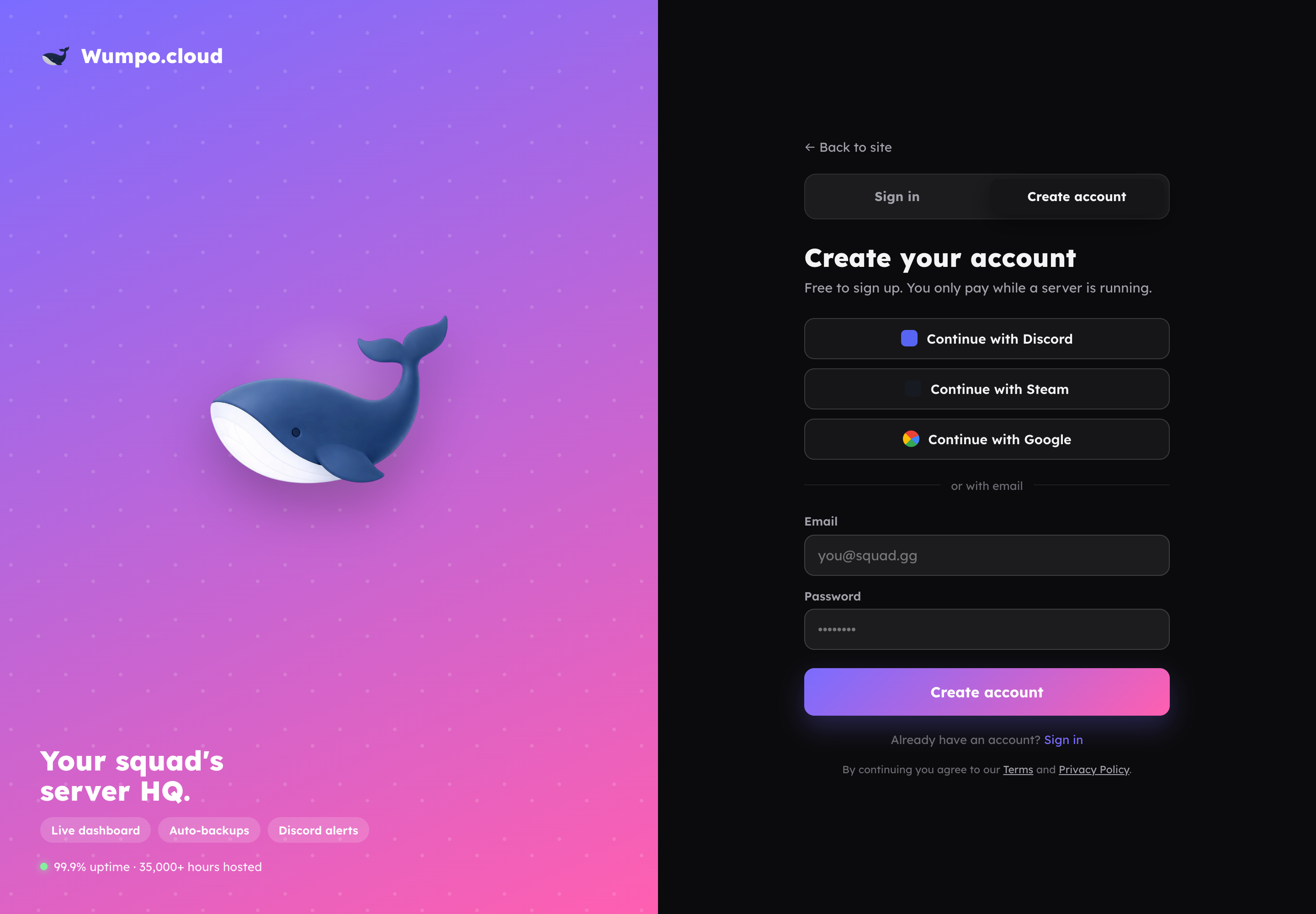 The Wumpo create-account screen